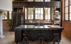Comptoir & ilot central de cuisine dans un loft
