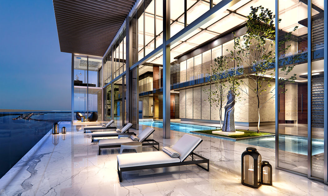 Piscine couverte donnant sur l’une des terrasses de ce penthouse Miami au design prestigieux appartement-terrasse miami design luxe