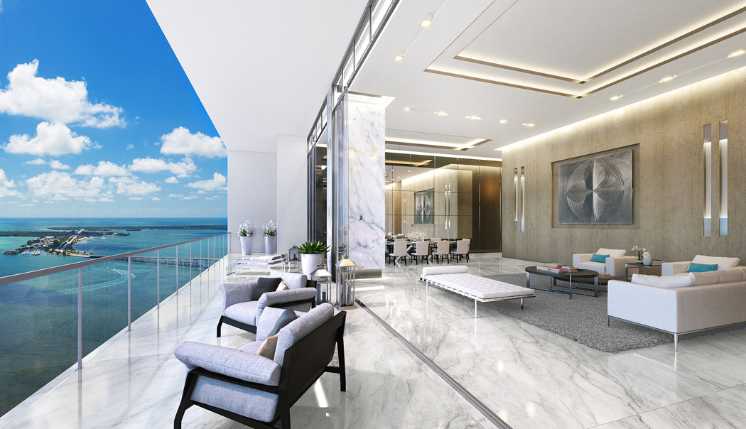 Un autre de ces penthouses propose un séjour ouvert ne faisant qu’un avec le balcon à la belle vue appartement-terrasse penthouse miami