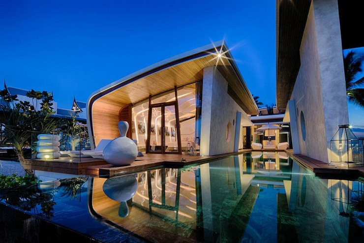 Villa de luxe vue extérieure de nuit vue villa de vacances luxueuse de nuit