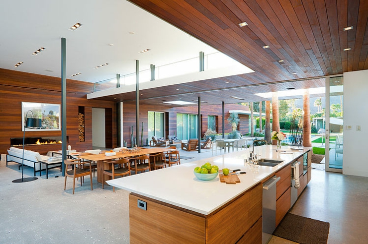 Vue de la grande pièce de vie principale cuisine et séjour spacieux maison contemporaine